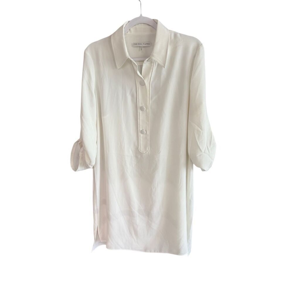 Trina Turk Womens White Built In Tank Top Roll Tab Button-Up Tunic Top Large